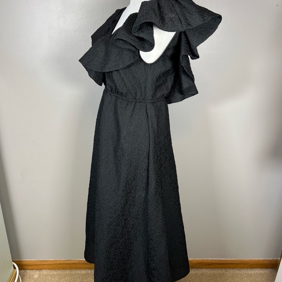 Chelsea28 Black Ruffle Neckline A-line Midi Dress Size XS Elastic Waist V-back - Picture 4 of 12